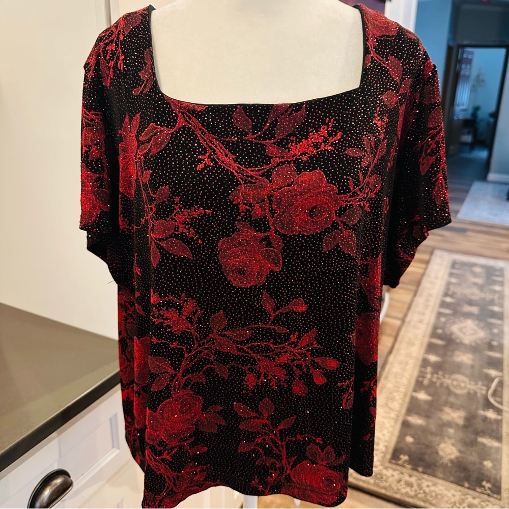 Vintage 90s Y2K Red Black Floral Sparkle Top Women 3X Dark Romantic Whimsigoth